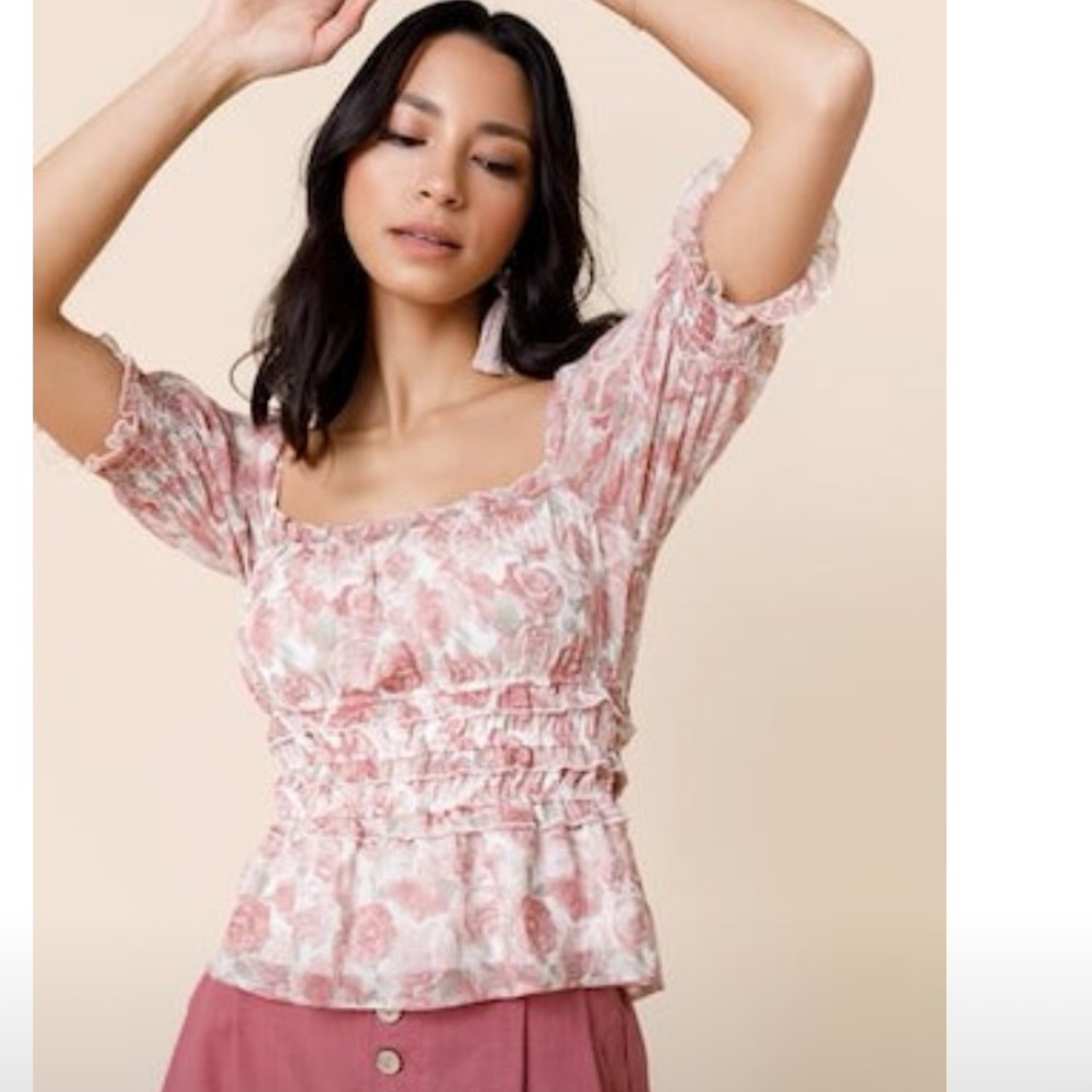 Francesca's Pink Floral Smocked Blouse